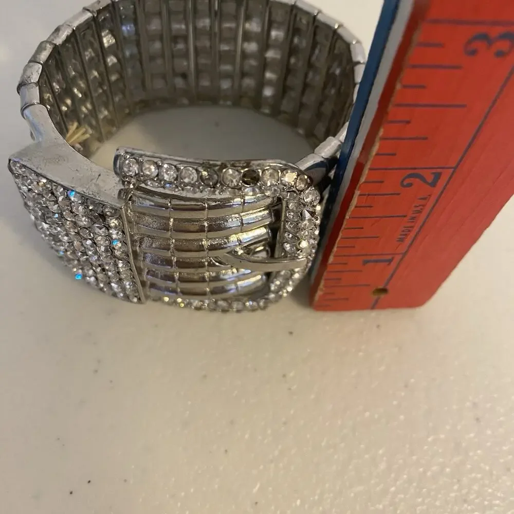 VTG Chunky Costume Silver Tone Rhinestone Stretch Bracelet Rockstars Steampunk
